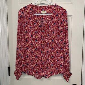 Maeve by Anthropologie Marisol Pink Print Long Sleeve‎ Blouse Sz 6 Ruffle Hems
